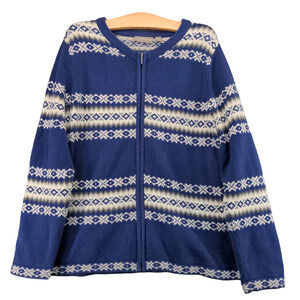 Croft & Barrow Womens Full Zip Knit Sweater Blue XL Fair Isle Holiday
